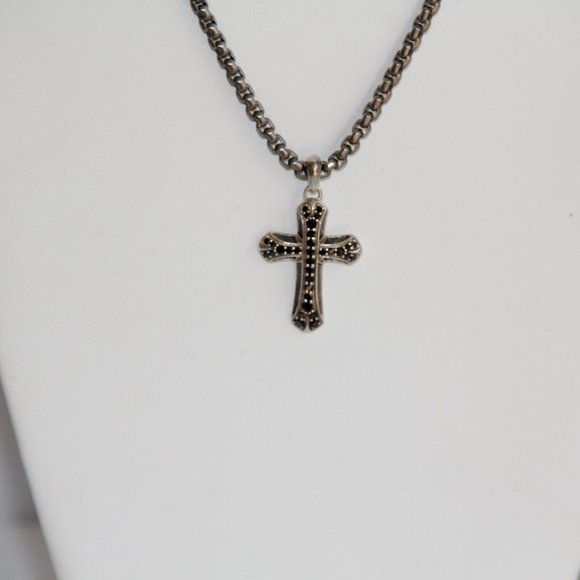 David Yurman Sterling Silver Black Diamond Cross Chain Necklace - Picture 9 of 13
